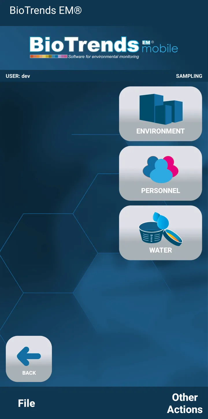 BioTrends EM Mobile: the sampling menu, with Environment, Personnel and Water