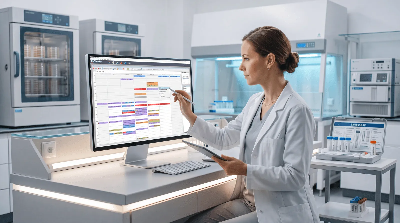 A microbiologist reviewing the week of sampling sessions in the BioTrends EM Scheduler