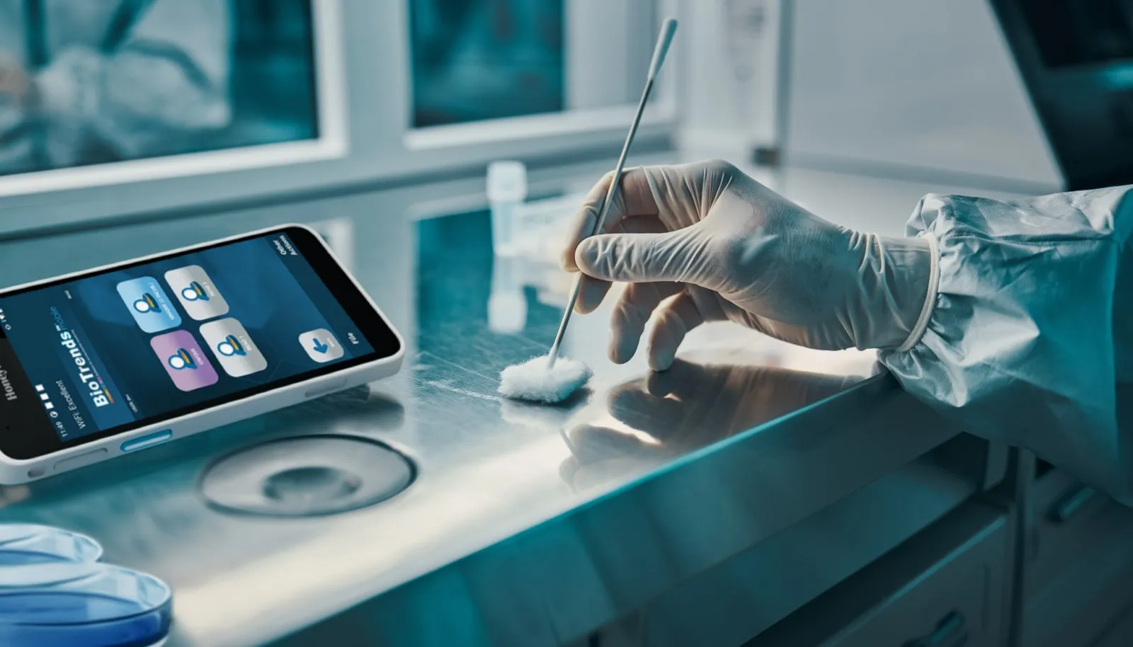 A gloved hand taking a surface sample, next to a rugged PDA running BioTrends EM Mobile