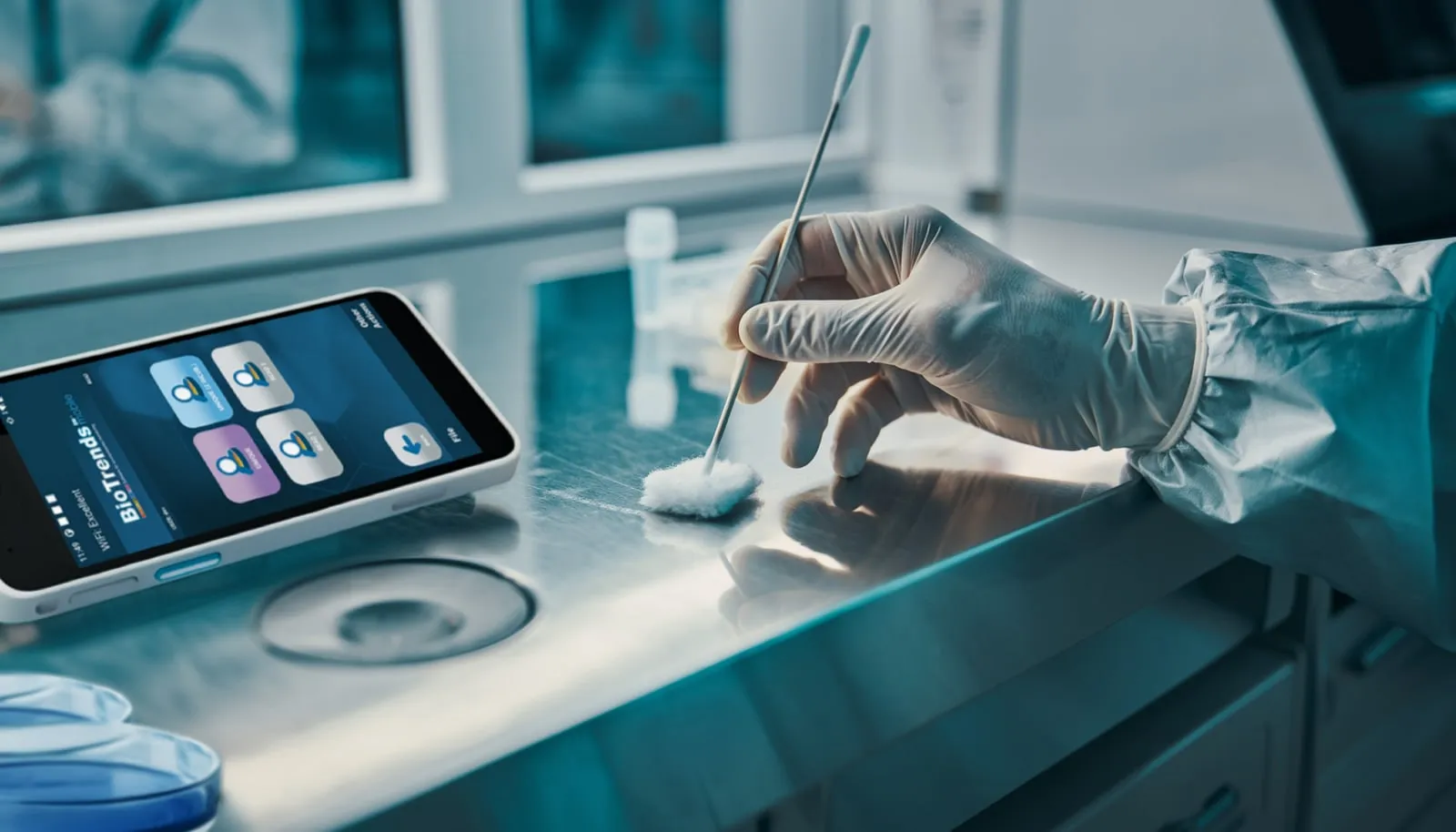 A gloved hand taking a surface sample, next to a rugged PDA running BioTrends EM Mobile