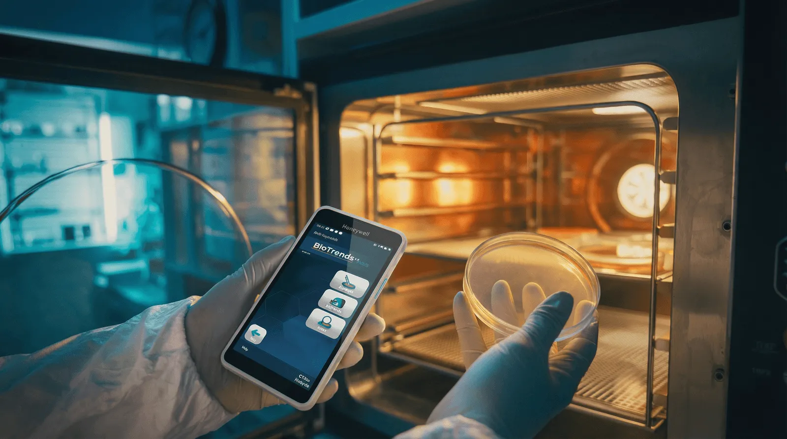 An operator holding a plate at an open incubator, the BioTrends EM Mobile menu on the PDA in the other hand