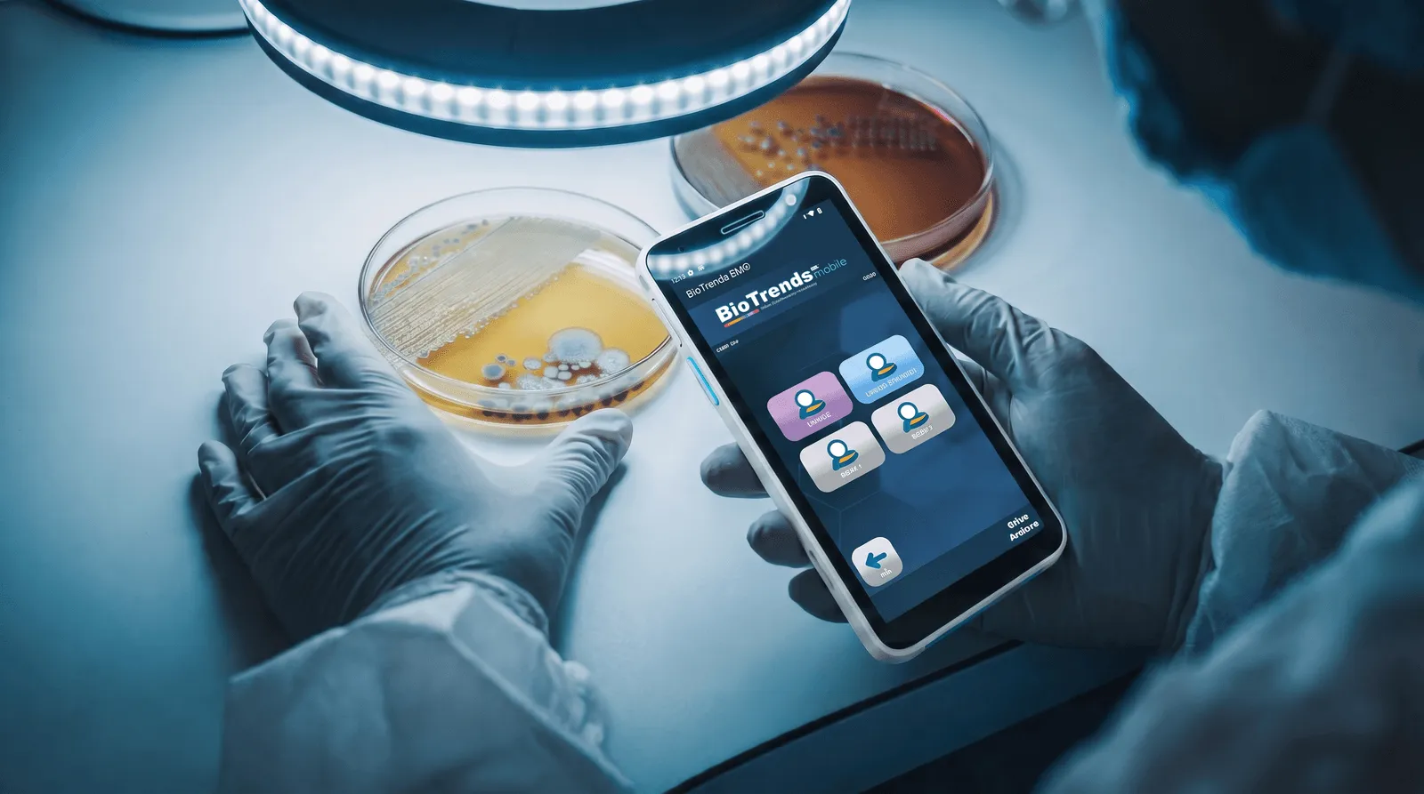 The BioTrends EM Mobile reading screen beside a plate: the two counts and their total, against the sampled point