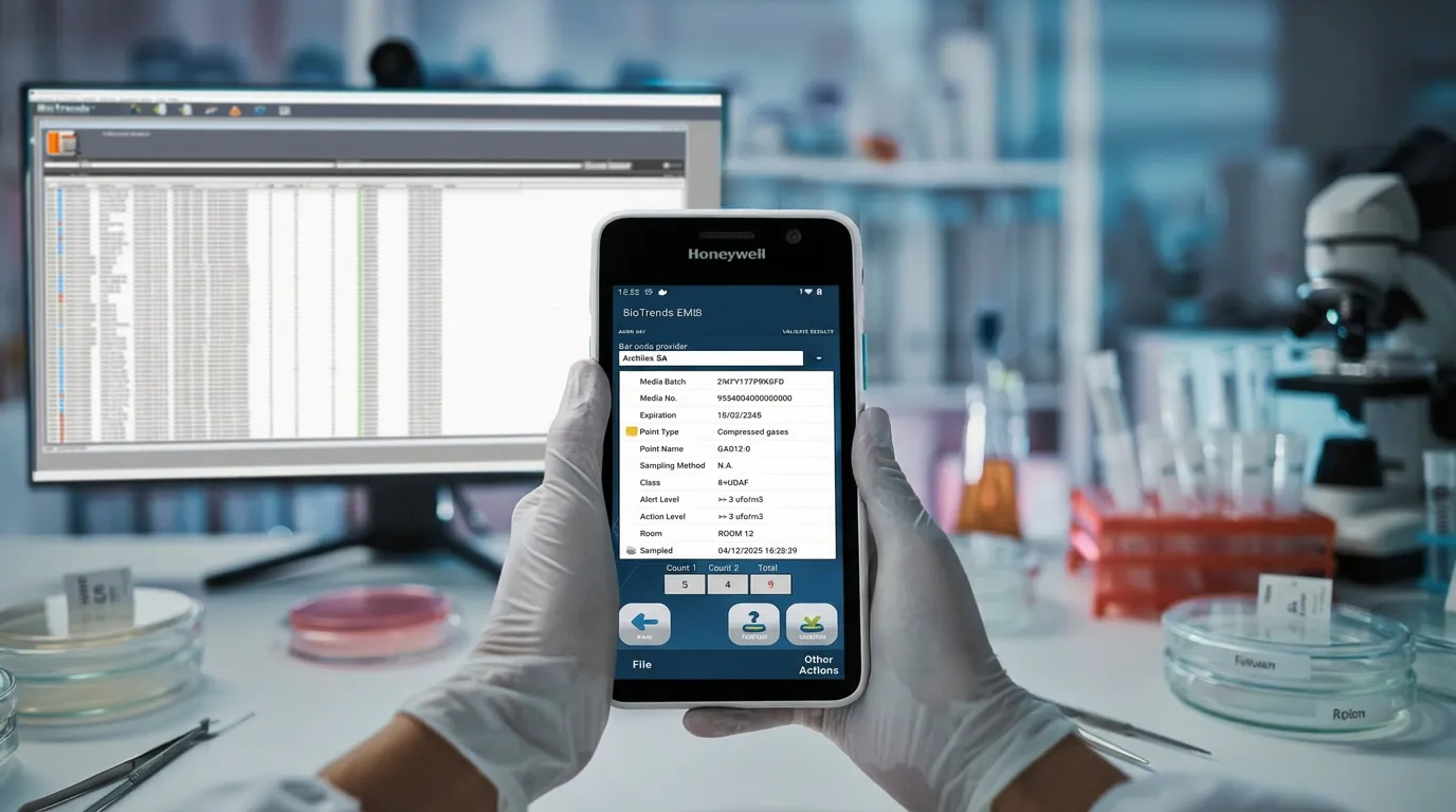 The detail of a sampled point on the PDA — media batch, class, alert and action levels — with the Core system on the screen behind