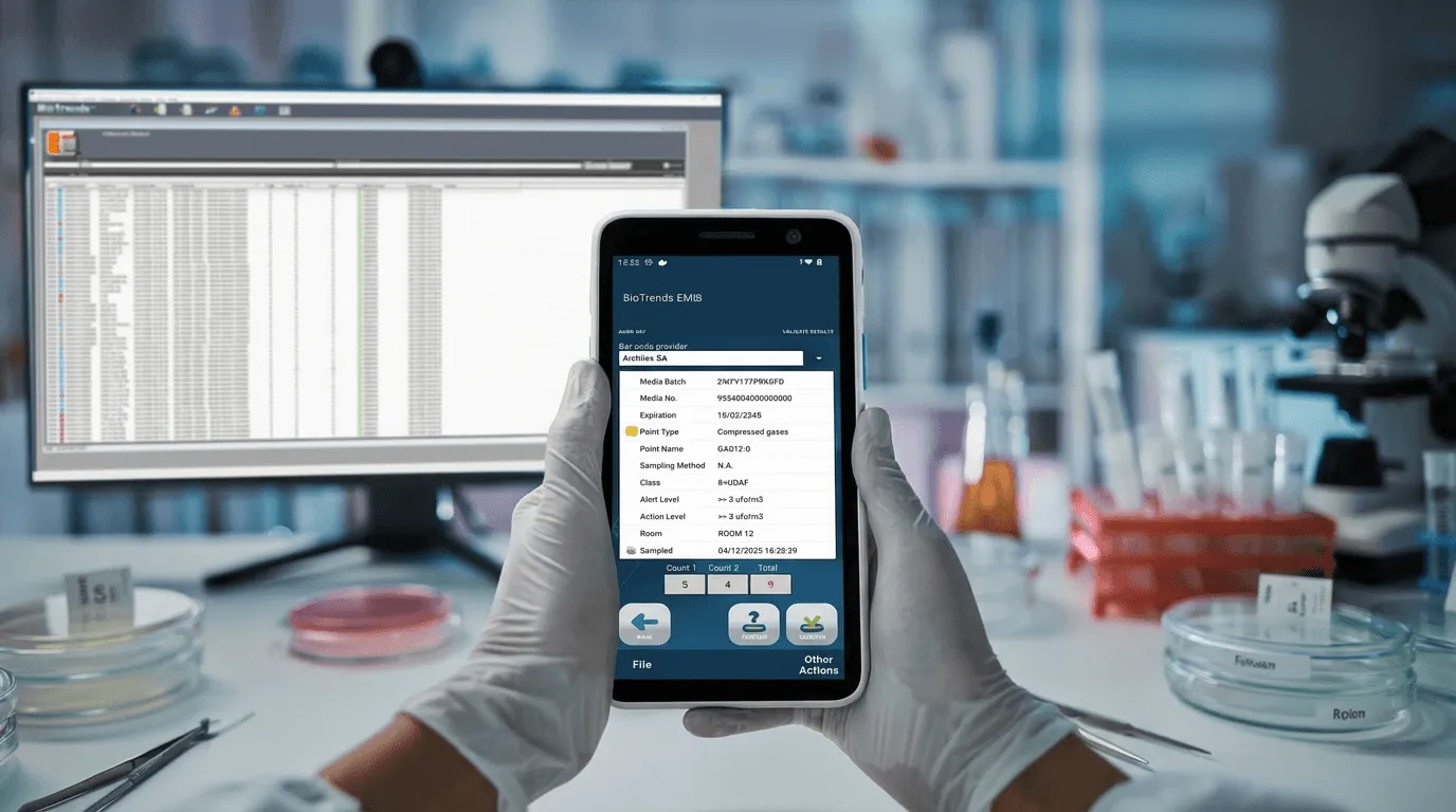 The detail of a sampled point on the PDA — media batch, class, alert and action levels — with the Core system on the screen behind