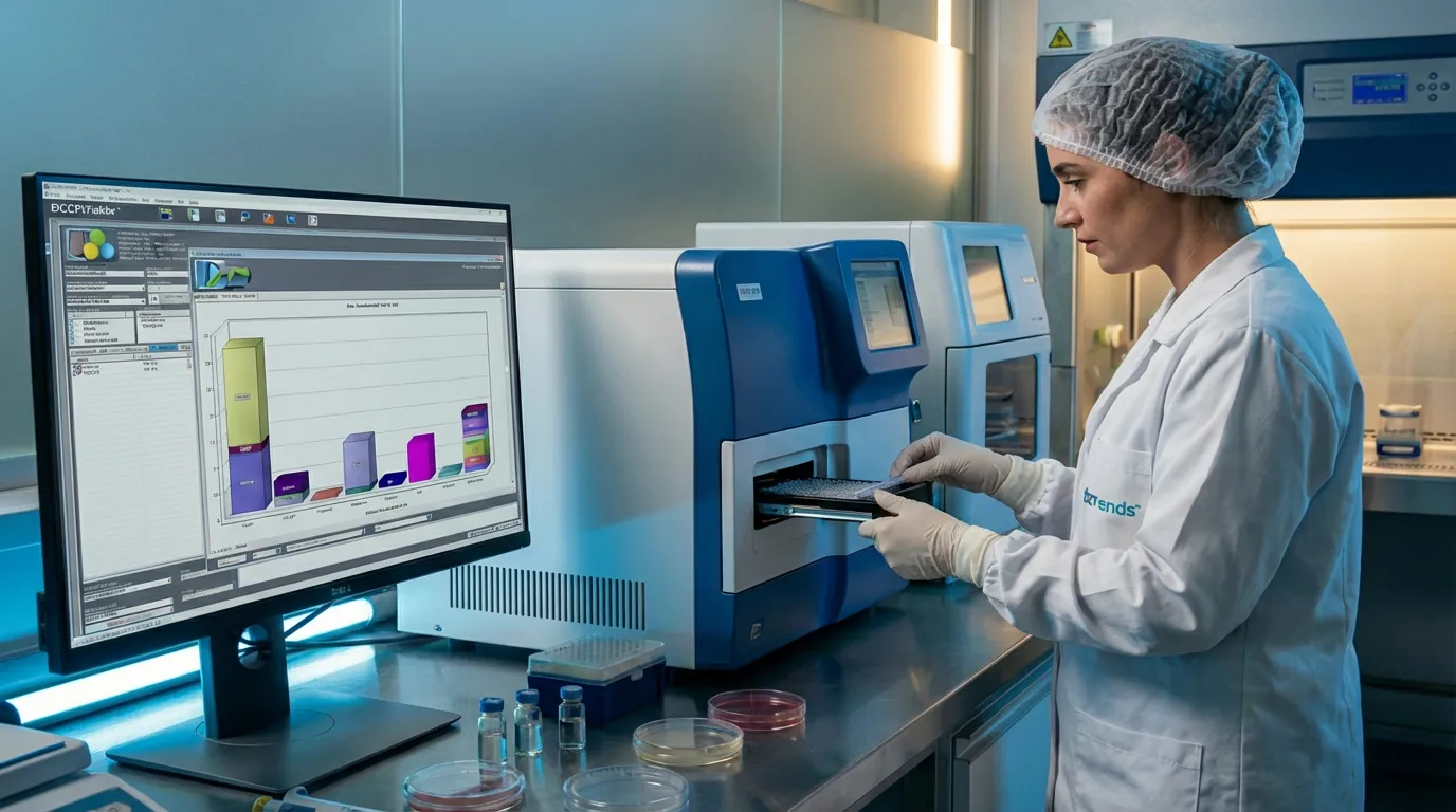 A laboratory technician loading a tray into an analyser, with result statistics on the screen beside